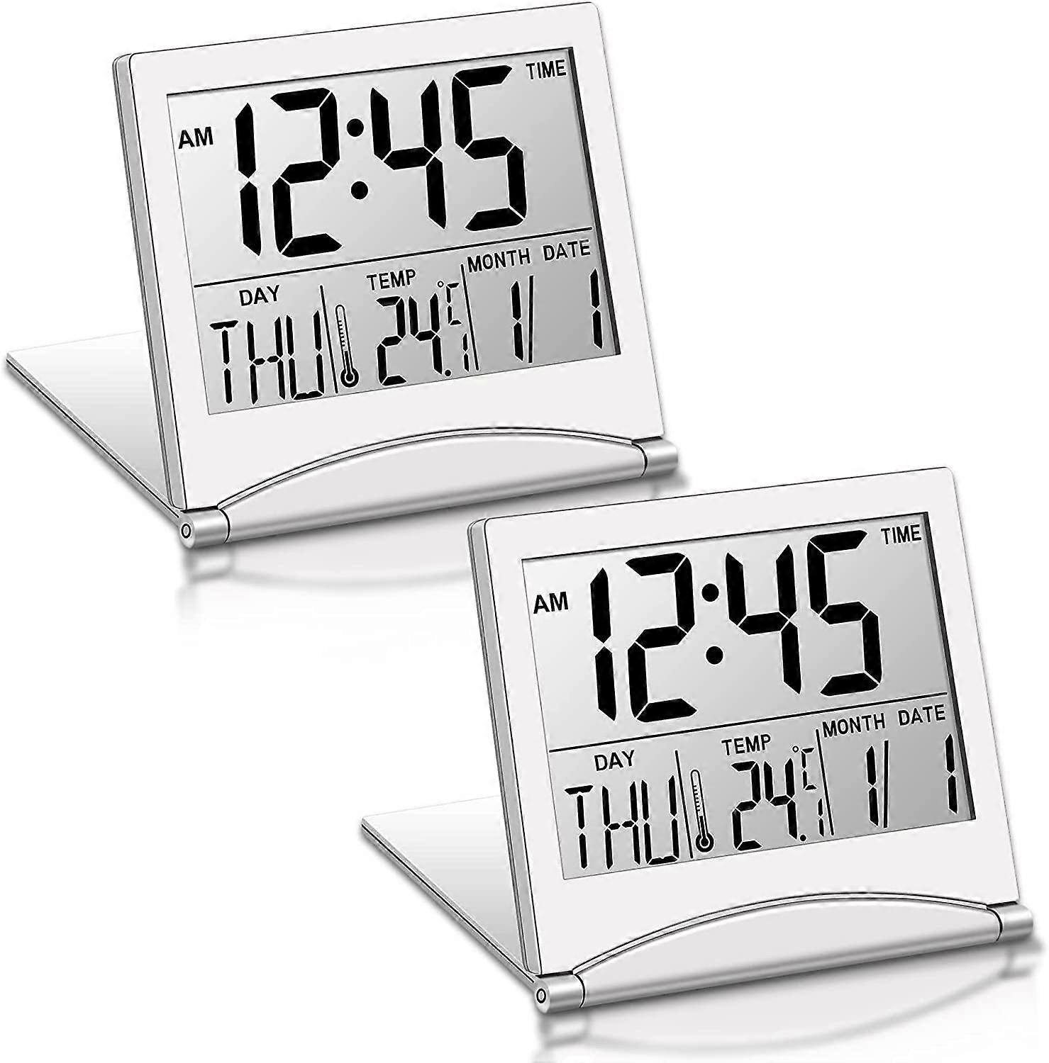2Pcs Digital Travel Alarm Clock, Battery Operated, Foldable LCD with Calendar, Temperature, Snooze, Large Display, Portable (Silver)