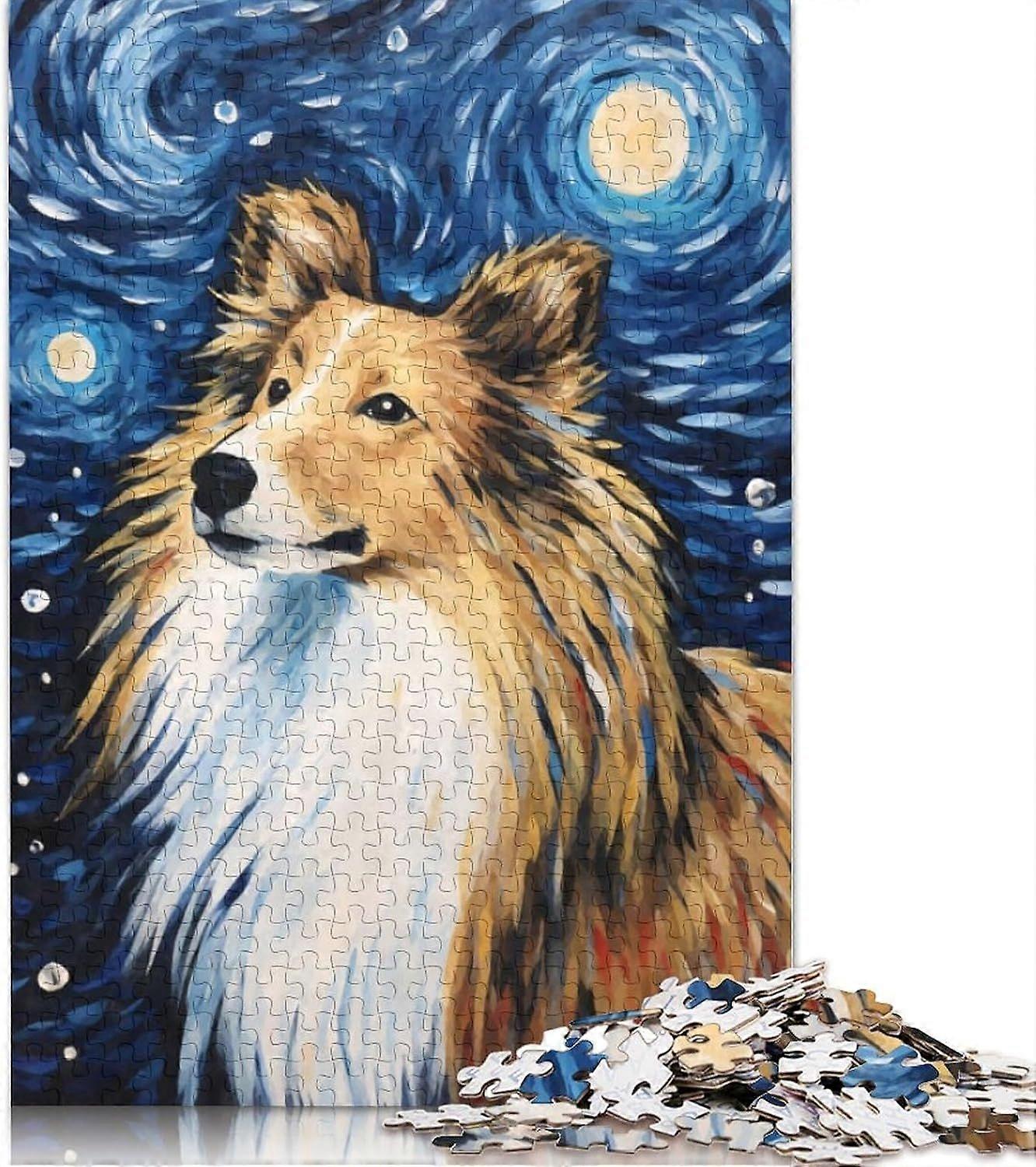 Shetland Sheepdog Nacht-Puzzle für Erwachsene, anspruchsvolles Puzzle, Erwachsenen-Puzzle, Heimdekoration, Kunst, Holzpuzzle für Erwachsene JJPP-2428