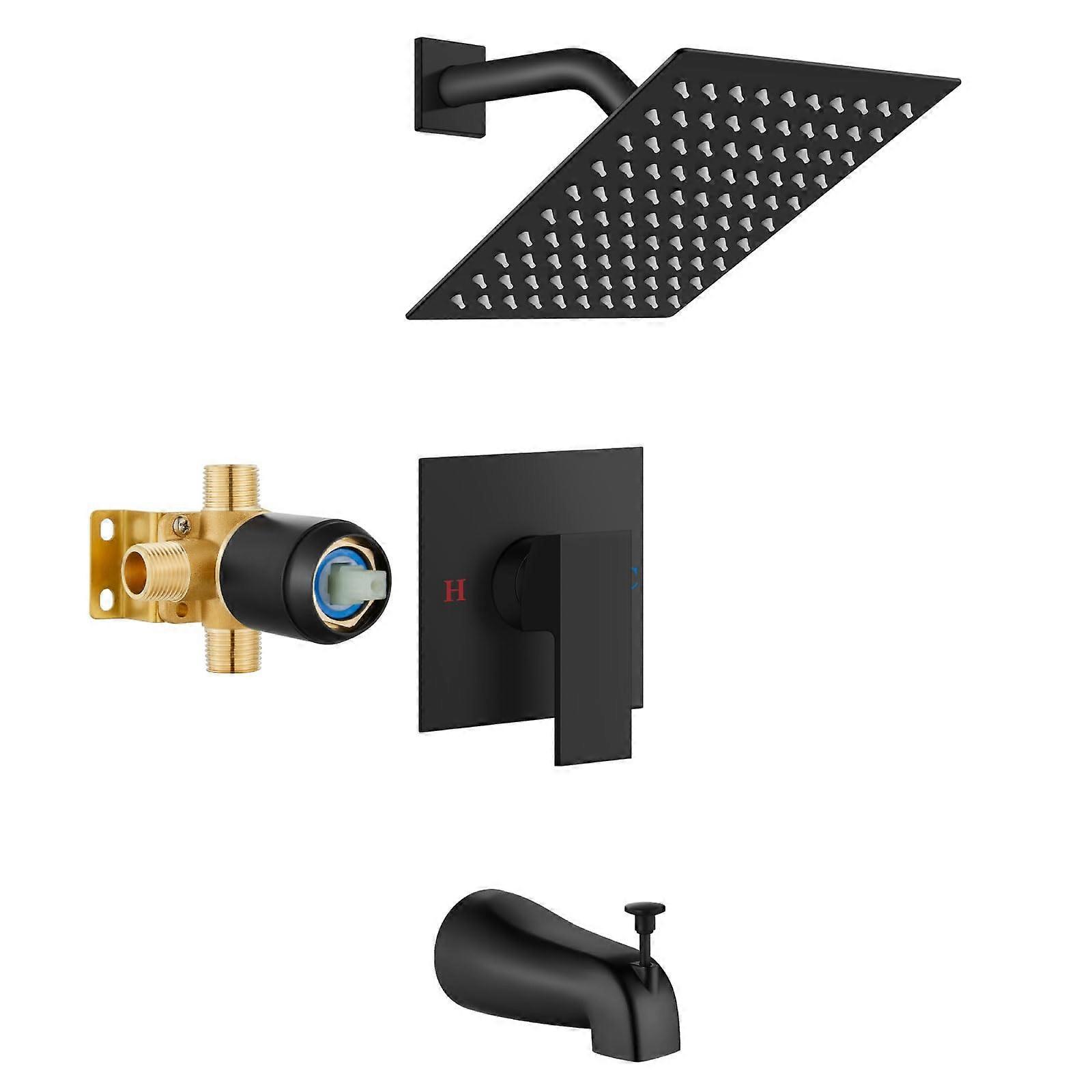 Shower Faucet Set with Tub Spout, Matte Black Rainfall Shower System, Brass Valve, 360° Head