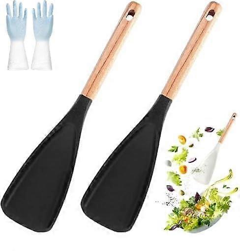 Silicone Cooking Spoon with Wooden Handle, Heat Resistant Nonstick Utensil for Mixing and Serving (Black, 2 Pack)