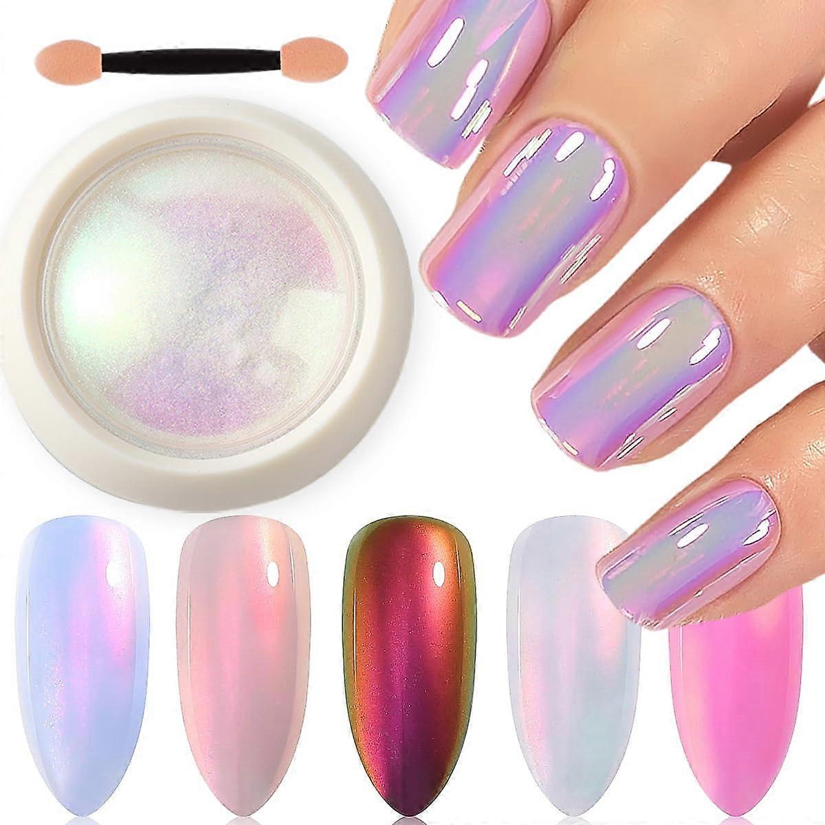 Chrome Nail Powder Set with Aurora Mirror Finish, Pink Unicorn Iridescent Mermaid Rainbow Effect