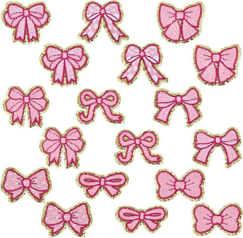 18 PCS Chenille Patches 9 Styles Iron on/Sew On Pink Bowknot Applique Patches with Gold Edge Sewing Tie Shape Chenille DIY Embellishment for Handwork 