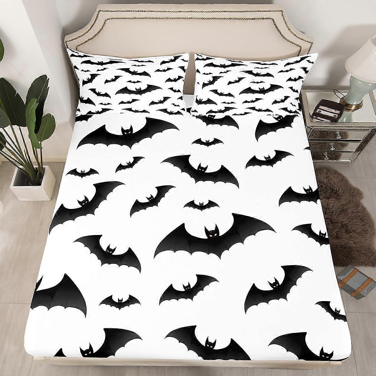 Halloween Bat Print Full Size Fitted Sheet Set Black and White Deep Pocket Soft Microfiber with 2 Pillowcases