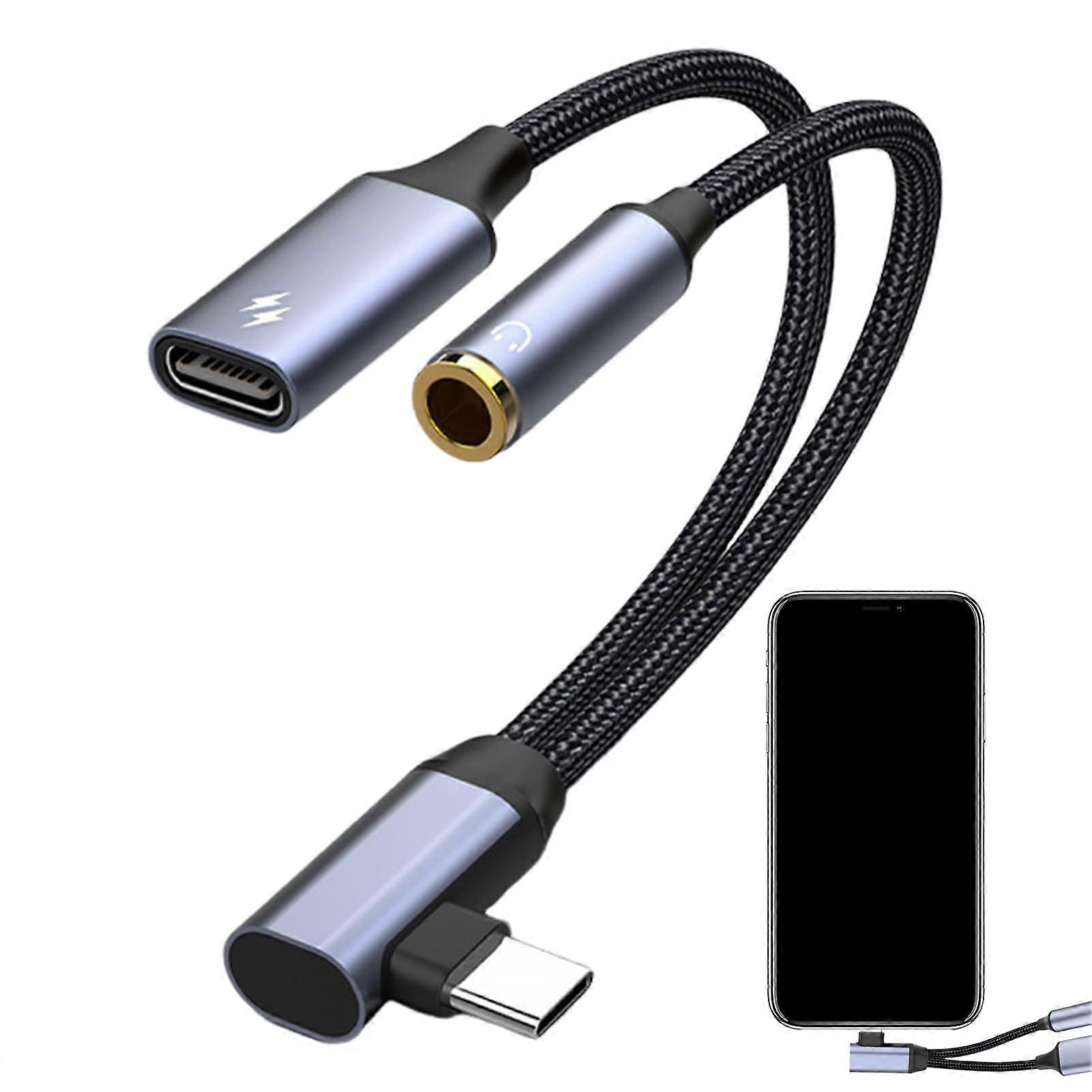 USB C Headphone Adapter 2 in 1 Fast Charging Audio Jack with Ergonomic Elbow Design Woven Cable