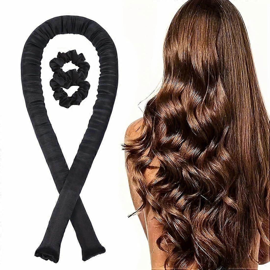 Heatless Curling Headband No Heat Silk Ribbon Rollers Overnight Styling Kit with Scrunchies Black