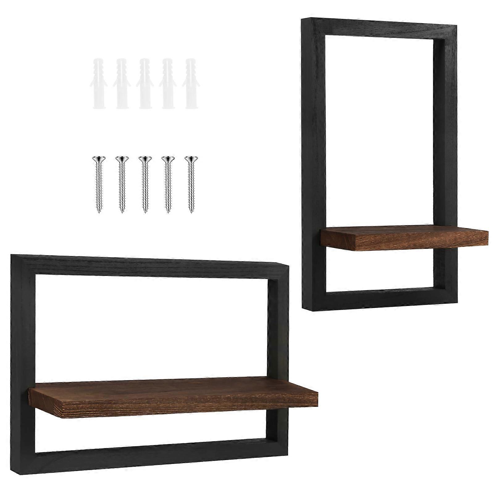 2 Pcs Modern Square Floating Shelves, Black Solid Wood, Wall Mounted, TwoSize Display Storage