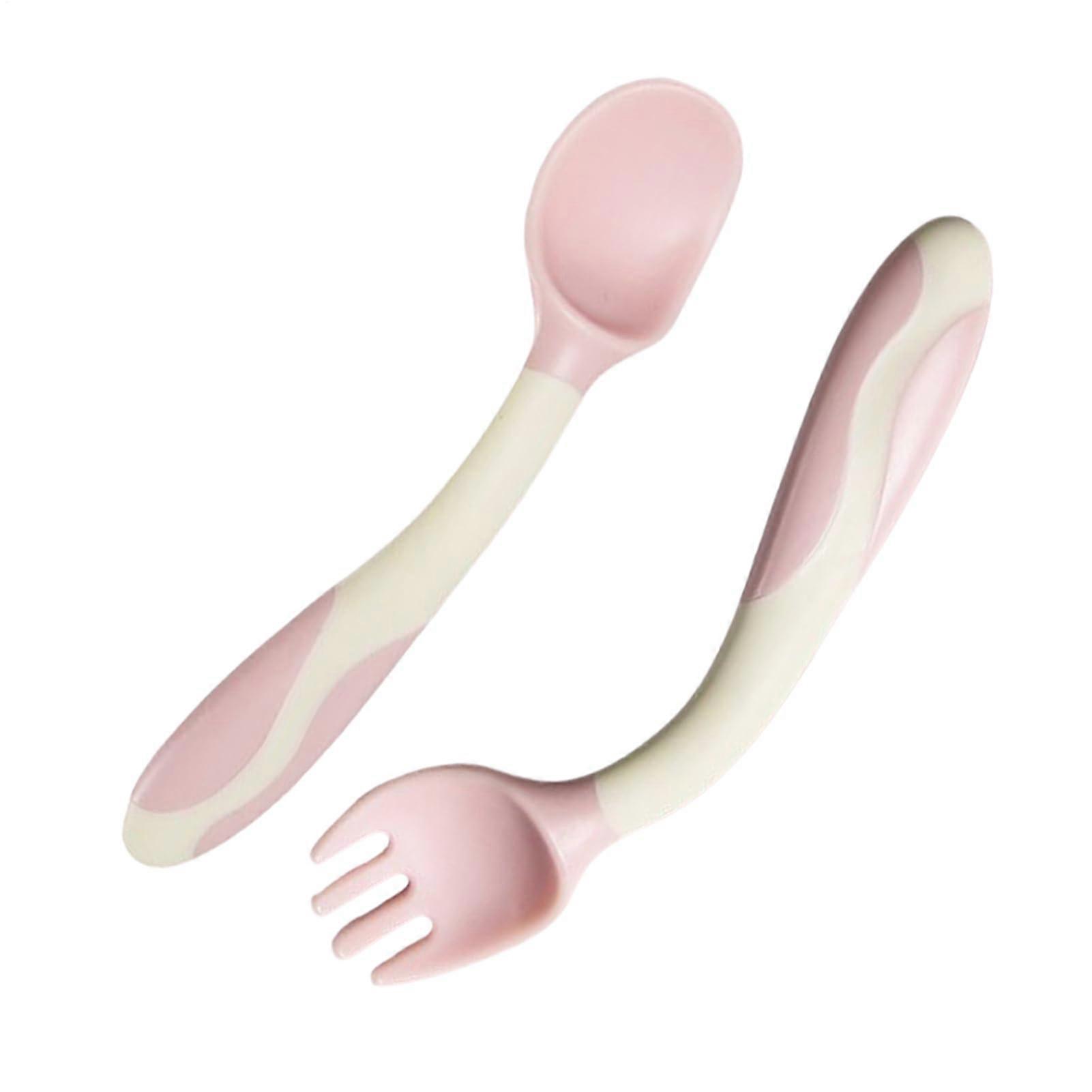 Baby Fork and Spoon Set with Bendable Training Spoon, Ergonomic Grip, LED Weaning Flatware Pink