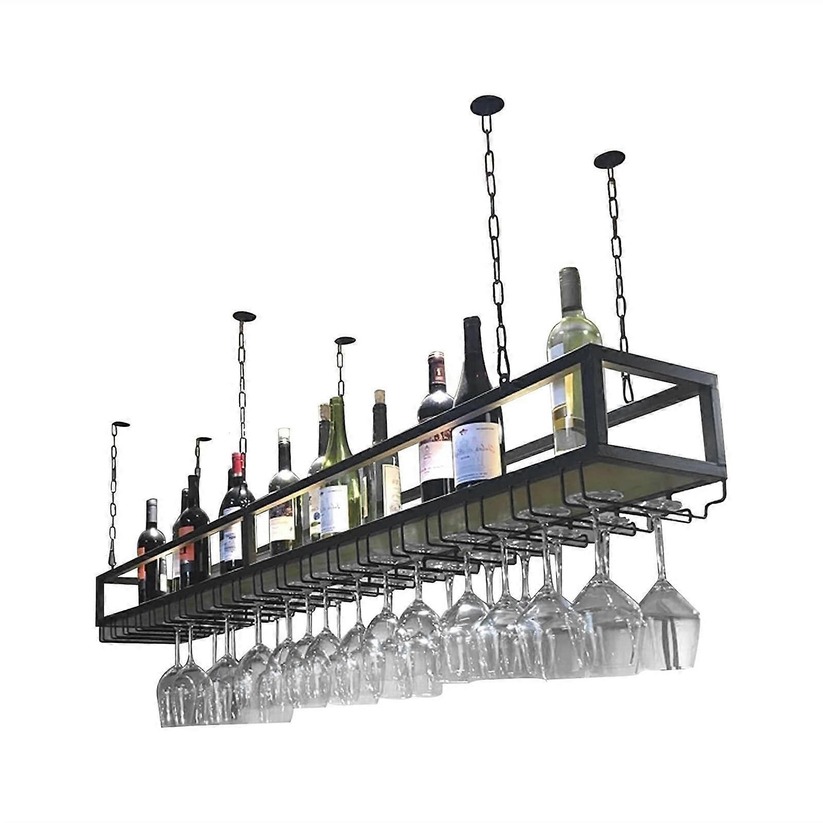 Hanging Wine Glass Rack Ceiling Mounted, Adjustable Solid Wood and Wrought Iron Storage Shelf 100cm
