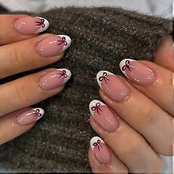 Short Square Press On Nails Kit, 24Pcs Reusable Fake Nails with Glue and File, Red Bow Design