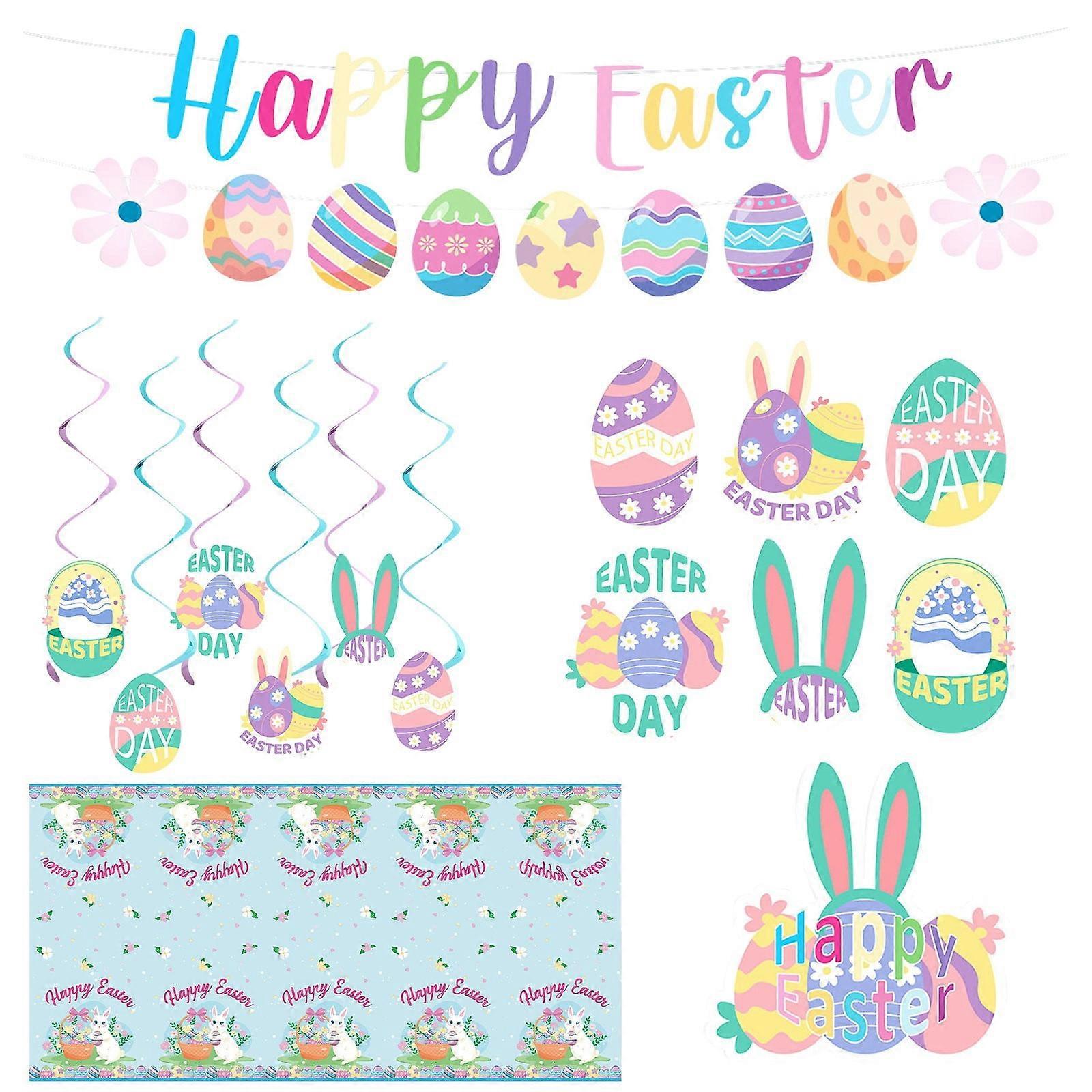 Easter Egg Banner Set Easter Decorations Tablecloths Cake Inserts， Event & Party
