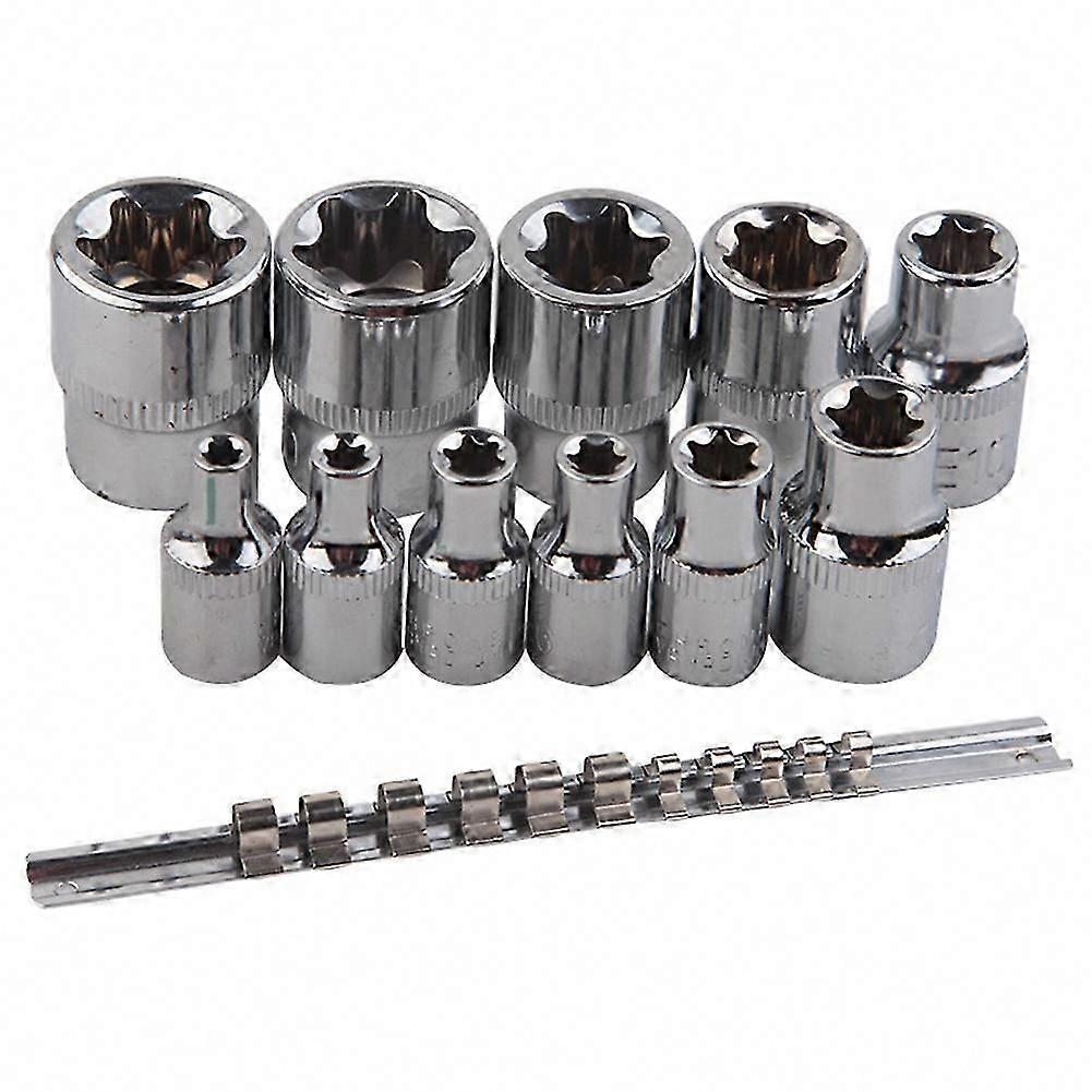 Female E-TORX Star Socket Set 11 Pcs E4-E20 External Star Socket Rail, Alloy Steel Torque Socket Set