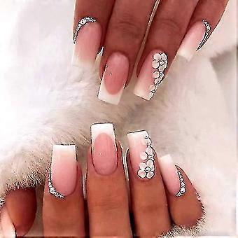 24pcs French False Nails White Lace - Medium Square False Nails French Lace Press On Nails, Pink Cover False Nails (Glue Type)