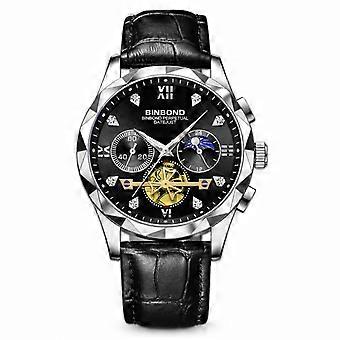 Men's Multifunctional Quartz Watch Chronograph 6 Hands BINBOND Black Leather Strap Silver Steel Case Black Dial Casual JY