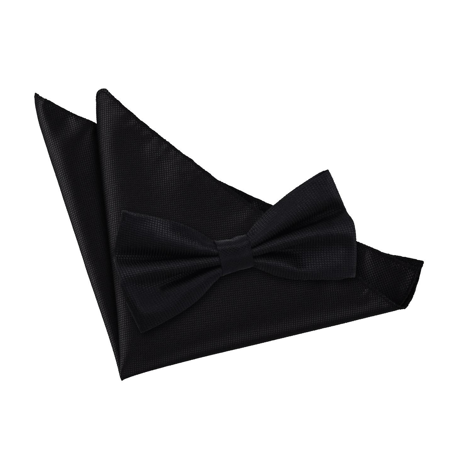 Black Solid Check Bow Tie and Pocket Square Set