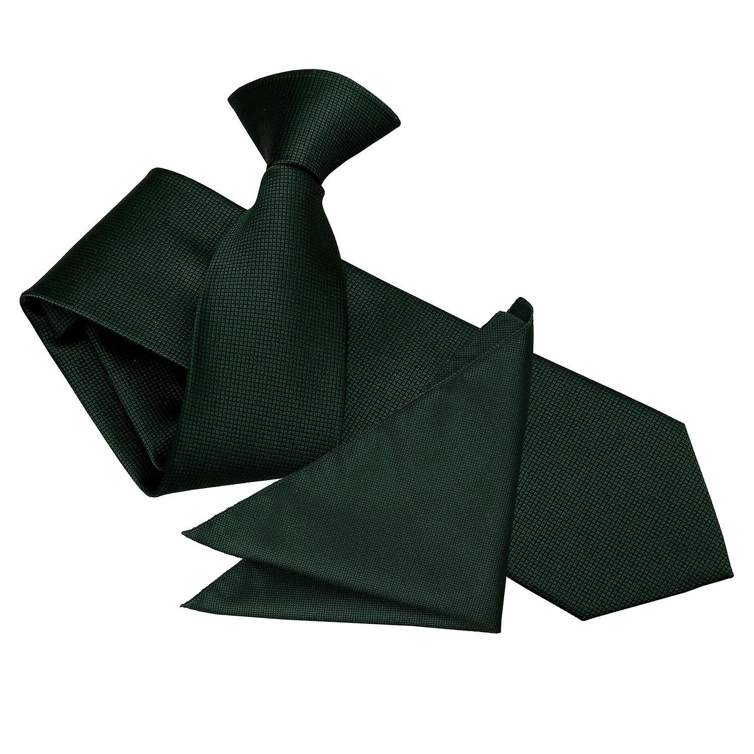 Dark Green Solid Check Clip On Slim Tie and Pocket Square Set