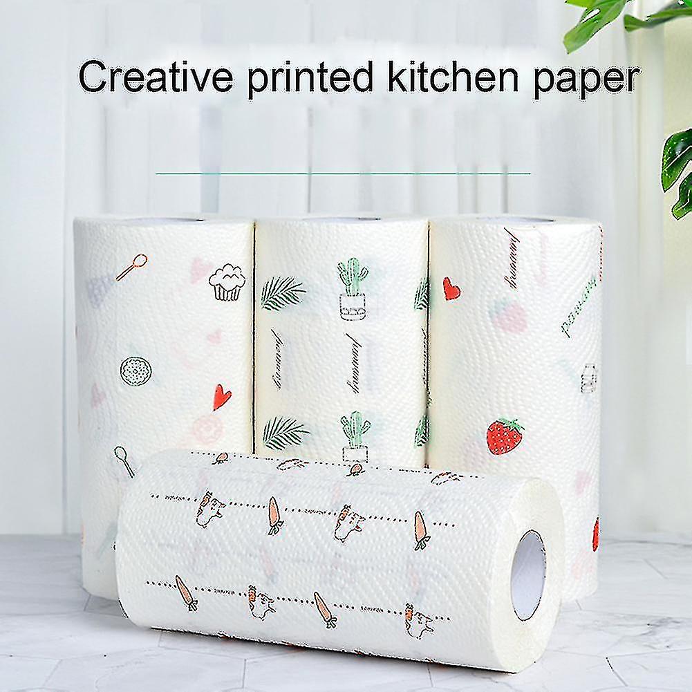 60Pcs/Roll Cartoon Print Disposable Cleaning Cloth Kitchen Paper Dishcloth Cleaning Towel High Water Absorbency Wiping Scouring Pad Size 1