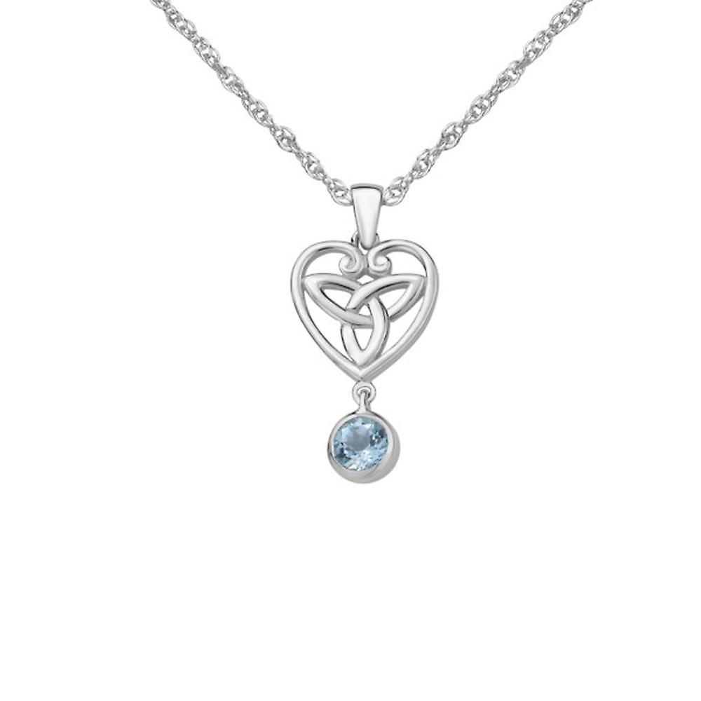 Celtic Holy Trinity Knot Love 心形项链吊坠 - 蓝色托帕石 - 包括一条 22 英寸银链