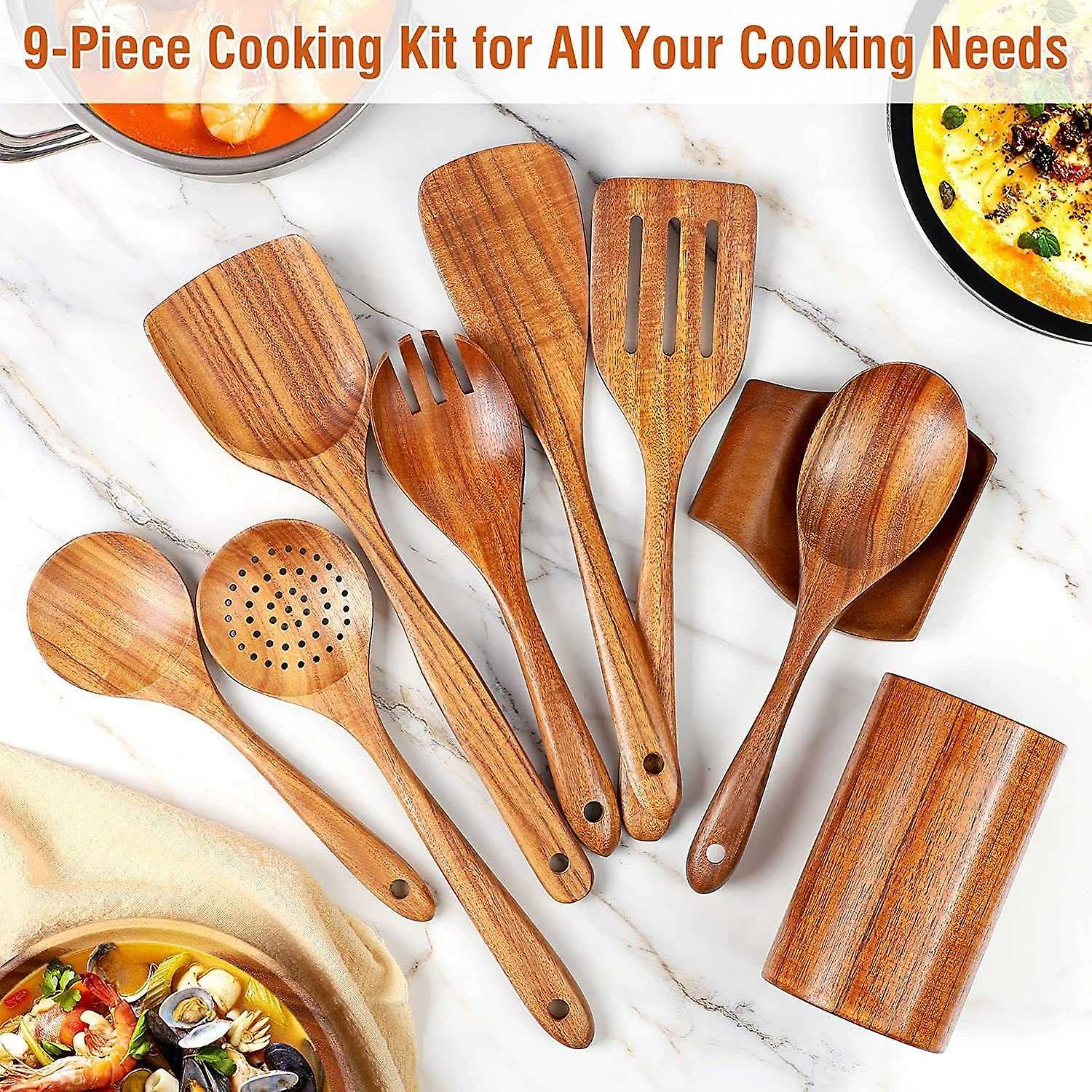 9 PCS Teak Wooden Cooking Utensils Set with Holder - Eco-Friendly Kitchen Tools for Cooking and Serving