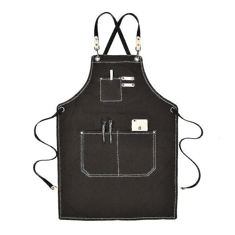 Canvas Work Apron With Adjustable Strap Multi Pockets For Barista Barber Beauty Salon Black