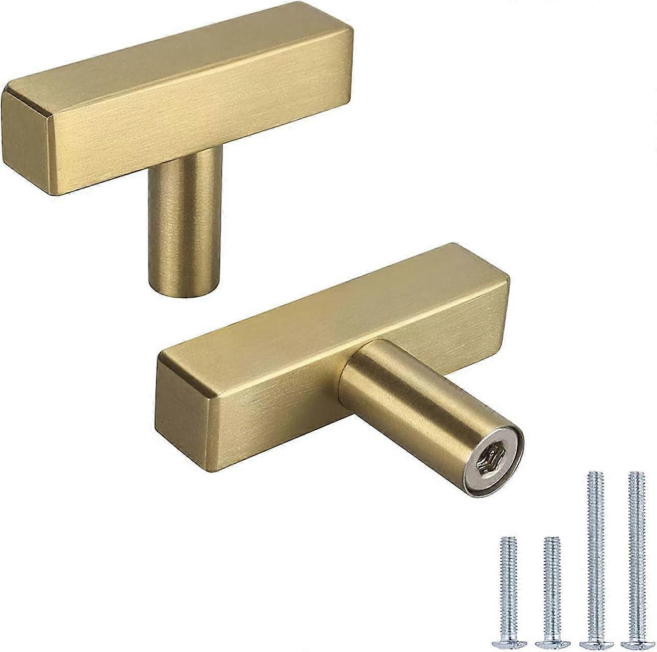 6Pack Brushed Brass Cabinet Knobs - Square Euro Gold T Bar Knobs for Kitchen Cabinets, 2 Inch