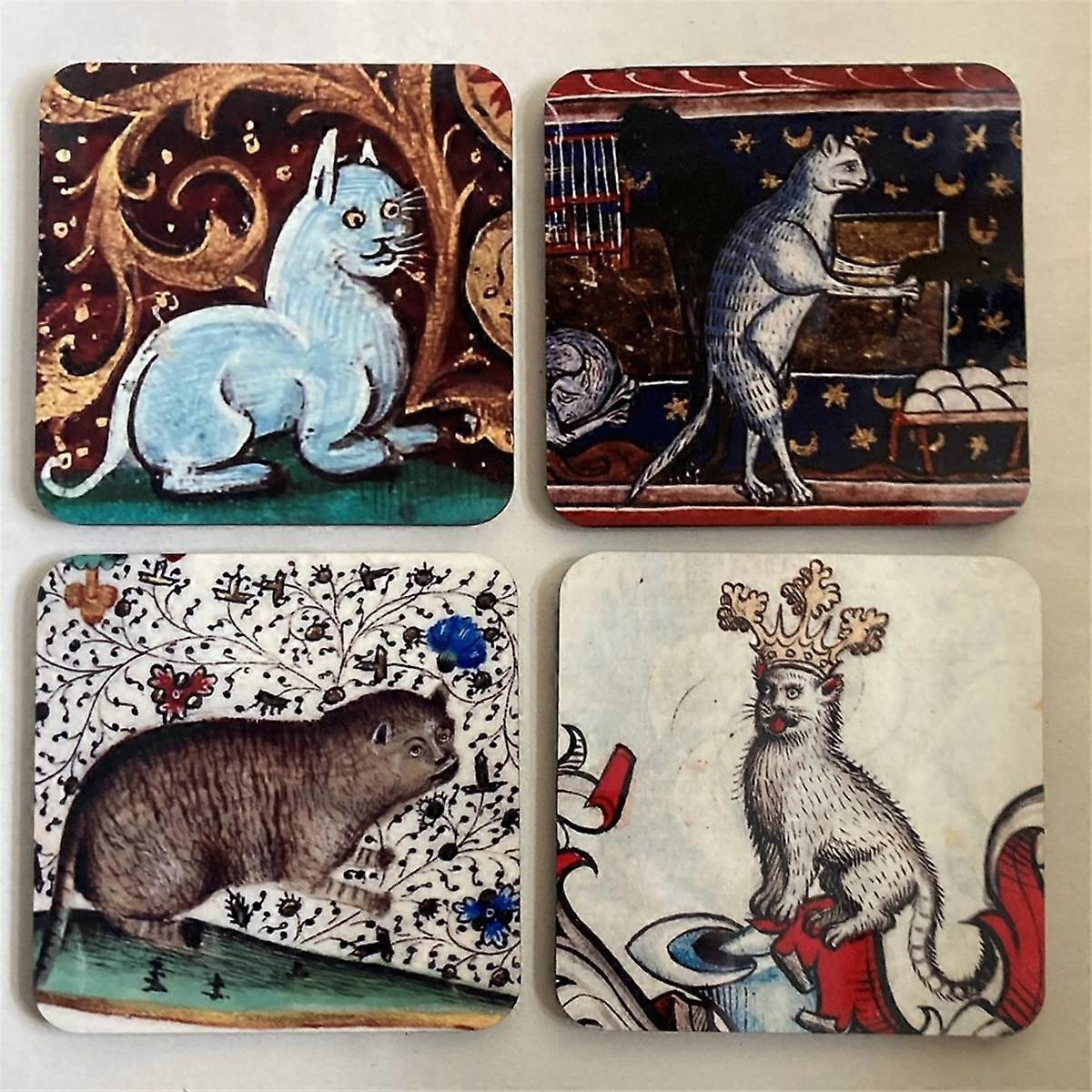 4PCS Medieval Cat Coasters for Drink Set Cat Pattern Round Coasters, Drinking Coasters Cat Coaster