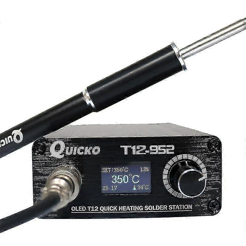cht-quicko t12-952 soldering station with m8 black metal handle and various types of soldering iron tips