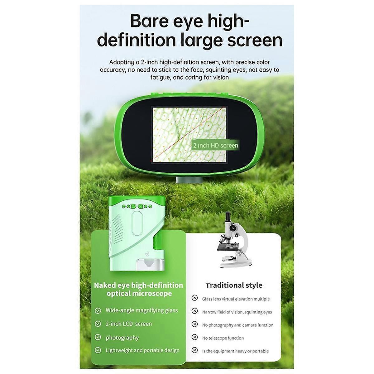 XV70 Children'S Pocket Microscope 800x 2-Inch Screen Usb Electronic Digital Microscope Telescope Pocket Microscope Green