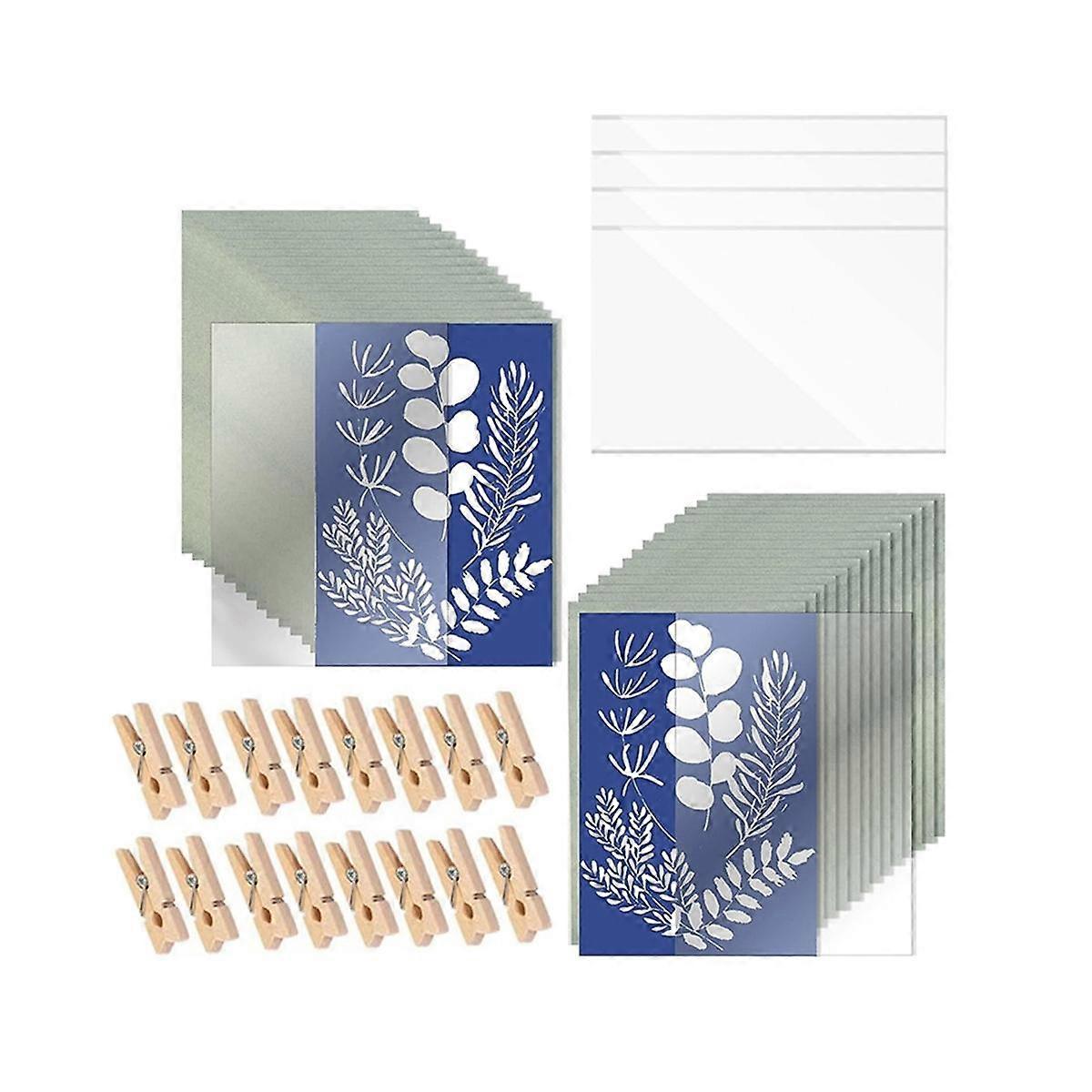 20 Sheets Sun Print Paper A5 Solar Drawing Paper Nature Printing Paper for Kids Adults Arts Crafts DIY with Clamp