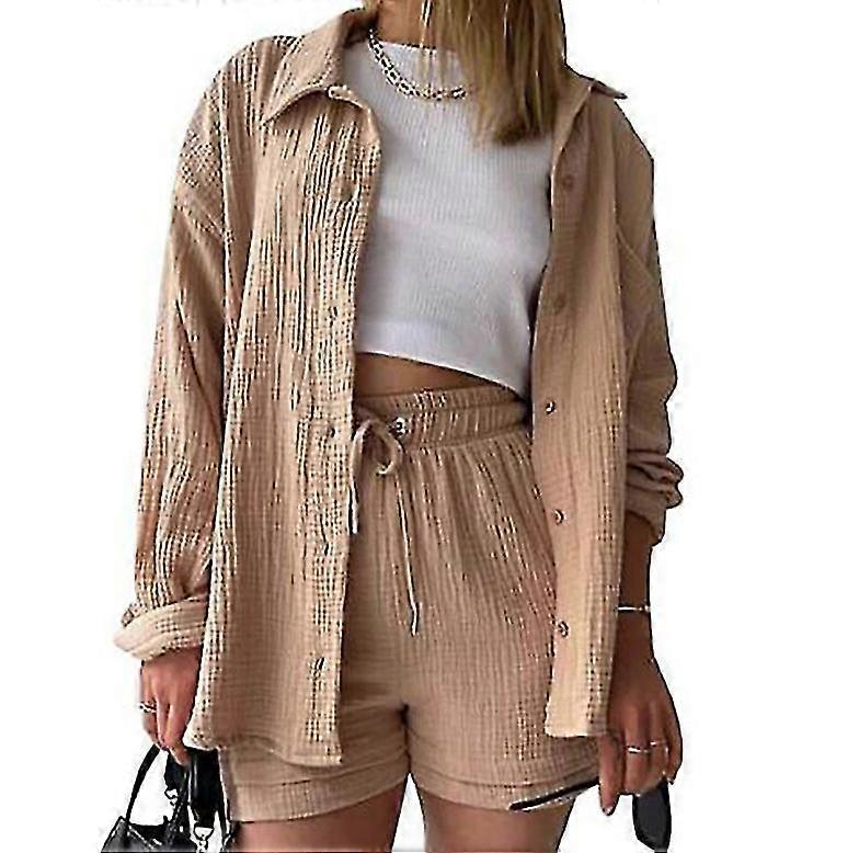 Kadın İki Parçalı Günlük Spor Giyim Yaz Uzun Kollu Gömlek İpli Şort İki Parçalı Set