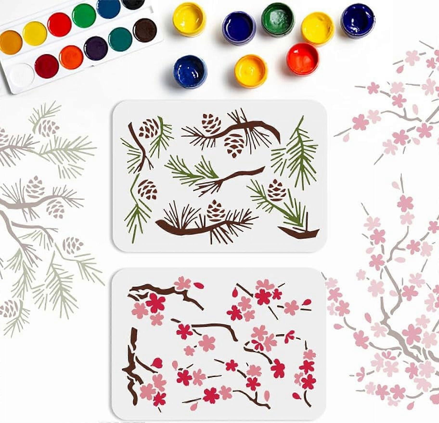 2pcs Cherry Blossom Pine Cone Stencil Pinecone Template Reusable Cherry Blossom Branch Painting Templates