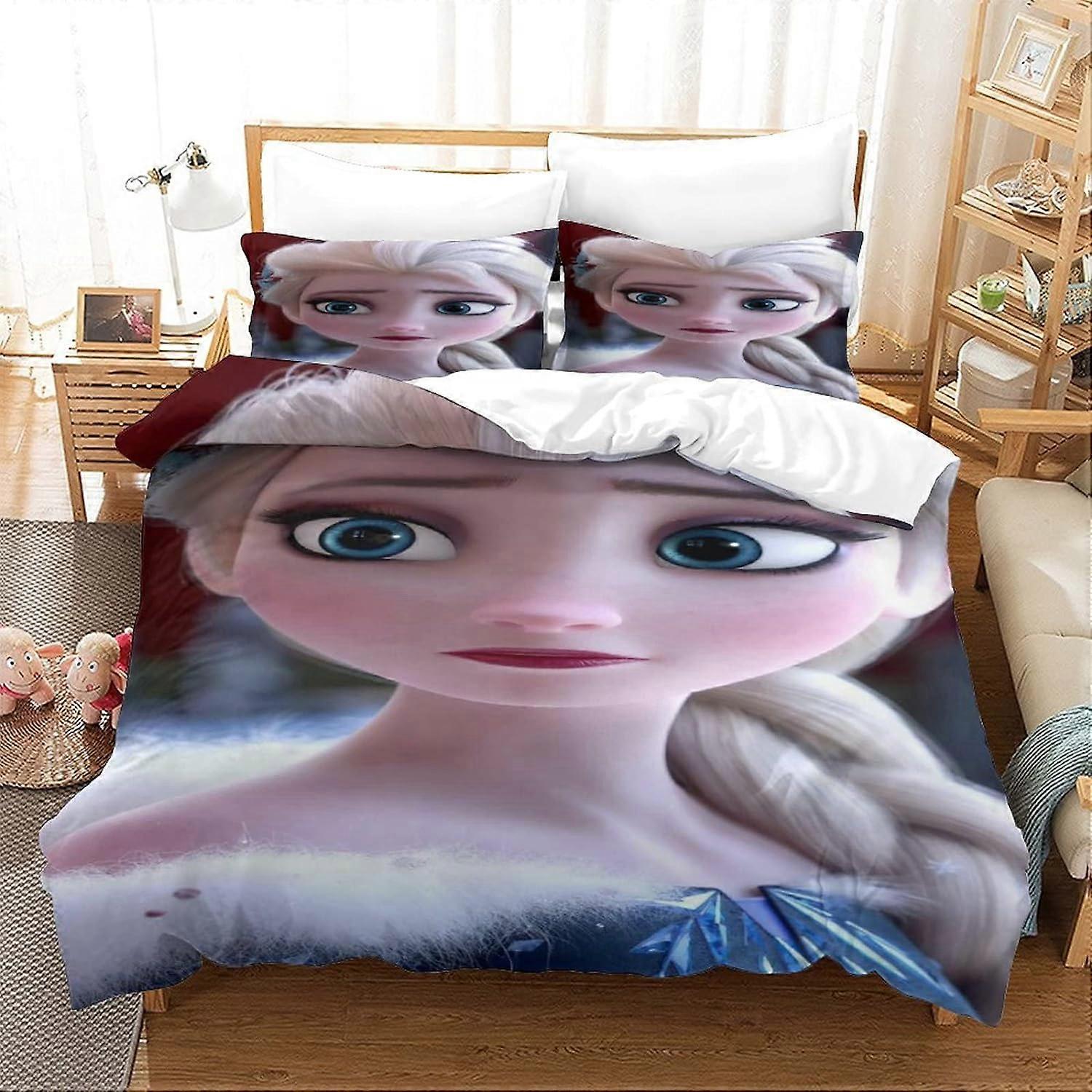 베갯잇이 있는 D 프린트 이불 커버, 지퍼 클로저가 있는 십대용 엘사 침구 세트, 부드러운 극세사 이불 커버 더블 135*200CM