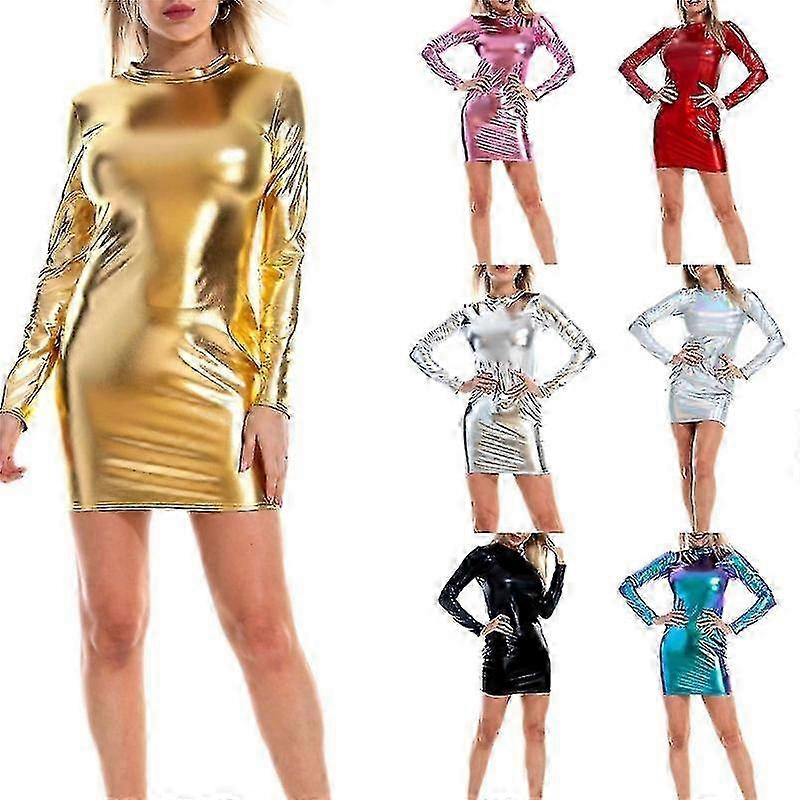 Naisten nahkainen bodycon minimekko Kiiltävä metallinen pitkähihainen pyöreäkaulainen klubimekko