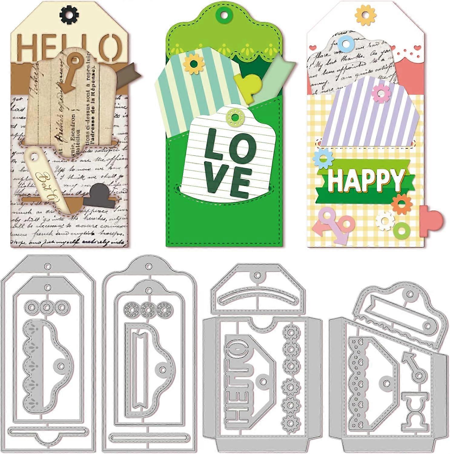 4Set 23Pcs Label Pocket Cutting Dies for DIY Scrapbooking Metal Bookmarks Bags Die Cuts Embossing Stencils Template for Paper Card Making Decoration A