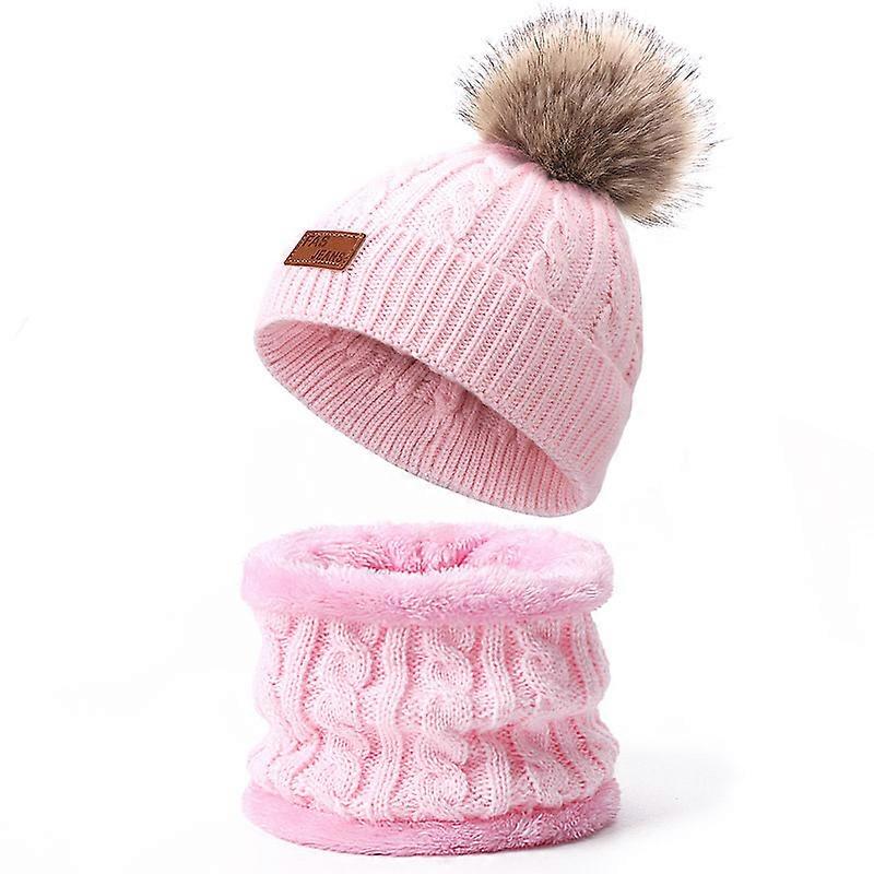 Toddler Wool Scarf and Hat Set Winter Twisted Single Pompom Knitted Hat Pink