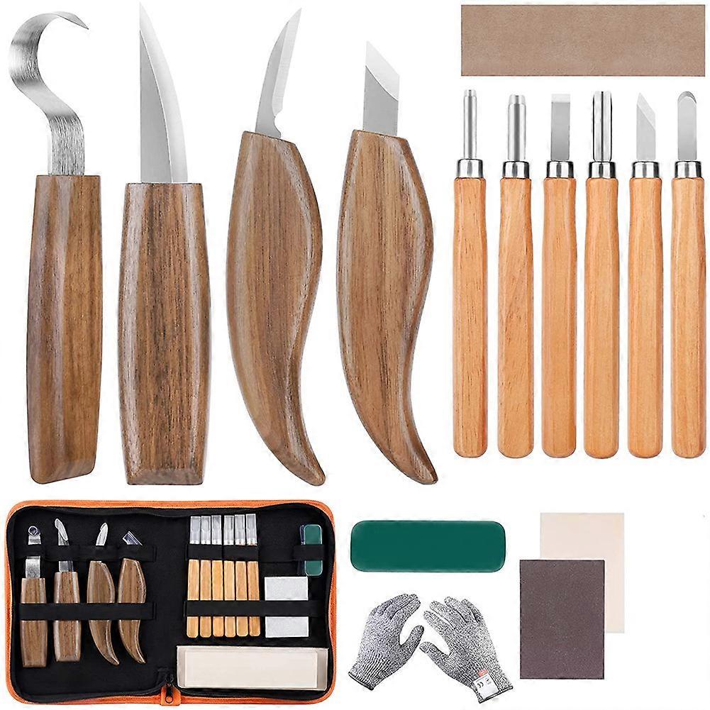 14 in 1 wood carving tool kit, including carving hook, wood carving tool, chip carving tool and gloves.