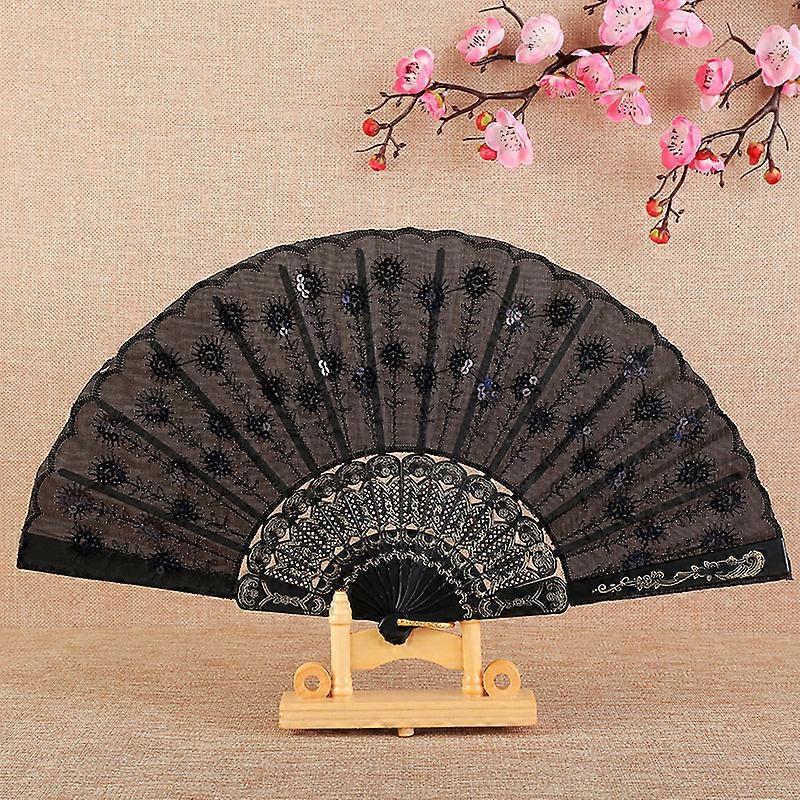 Folding Hand Fans Embroidered Flower Peacock Pattern Sequins Folding Fan for Dancing Cosplay Wedding Party Props