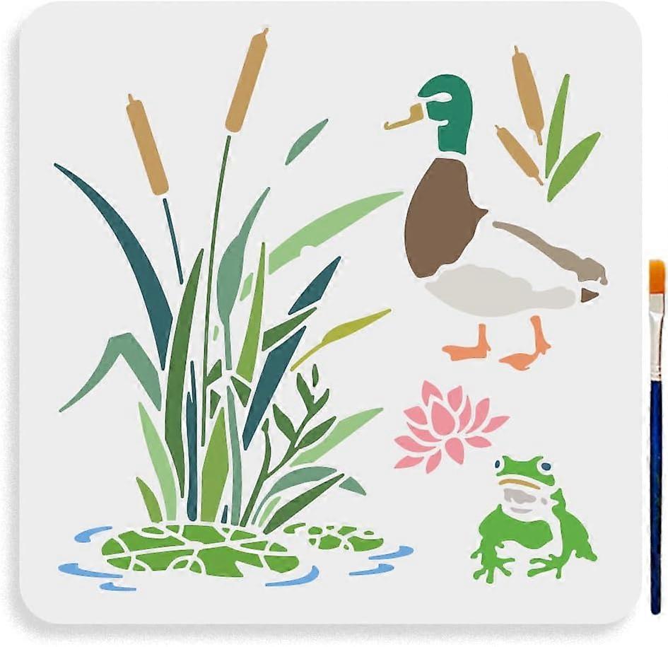 Cattail Duck Frog Stencil 11.811.8inch Reusable Lotus Leaves and Flowers Stencils with Paint Brush Marsh Lakeside Scenery Drawing Templates for Crafts