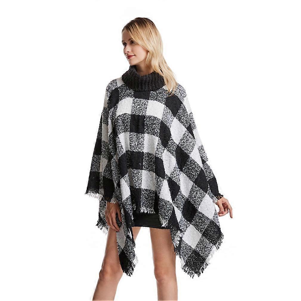 Warm Turtleneck Pullover Shawl Plaid Poncho with Tassel for Lady