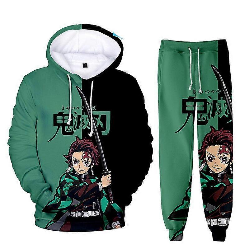 Barn Tröjor Set 3D-tryck Anime Demon Slayer Pojke Flicka Hoodie + Byxor Tvådelad Lös Långärmad Pullover Tröja Kläder
