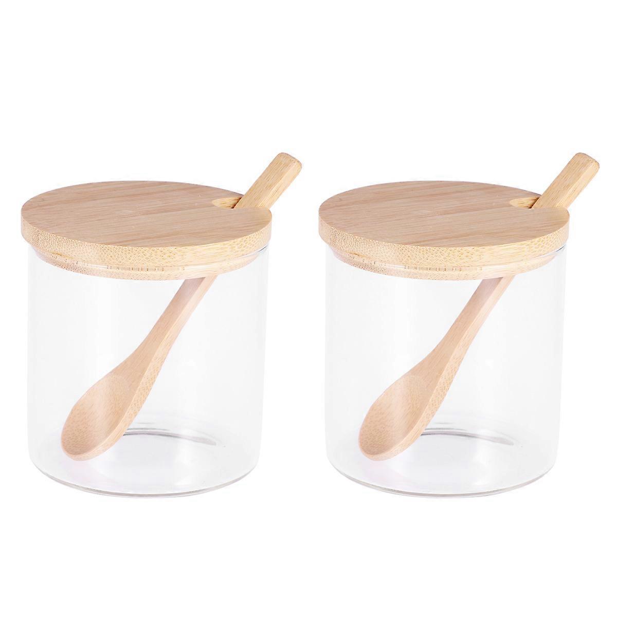 2pcs Kitchen Seasoning Jars Glass Spice Container Condiment Pot with Bamboo Spoon and Lid