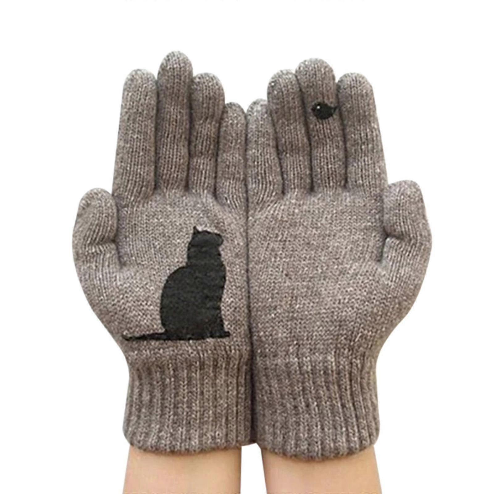 Gants de chat pour femmes Gants en laine Automne Hiver Extérieur Chaud Protection Contre le Froid Rembourré Chat Imprimé