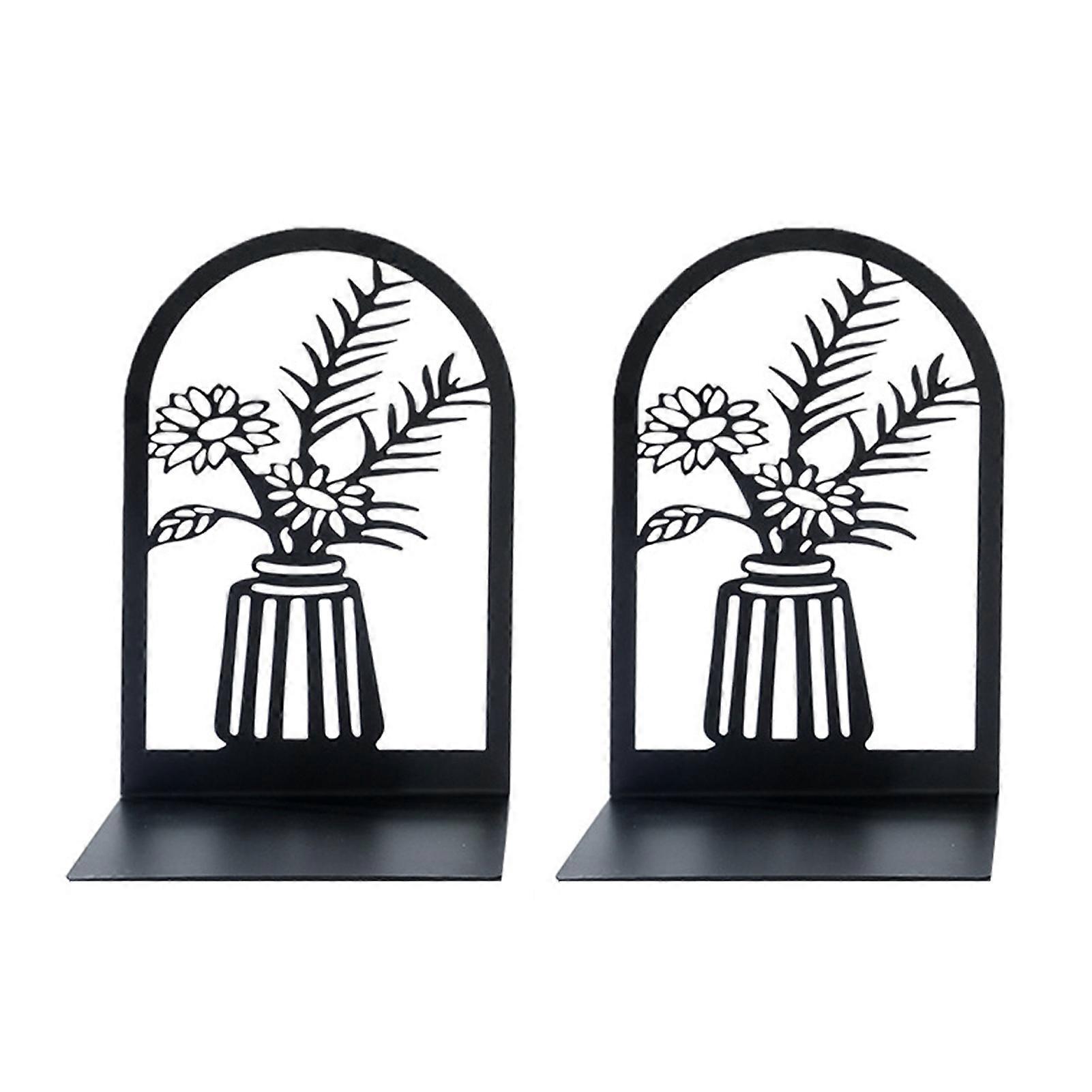 2Pcs Bookshelf Book Ends Hollow Flower Carved Pattern Vase Bookends L-Shaped Design Anti-Slip Book Holder