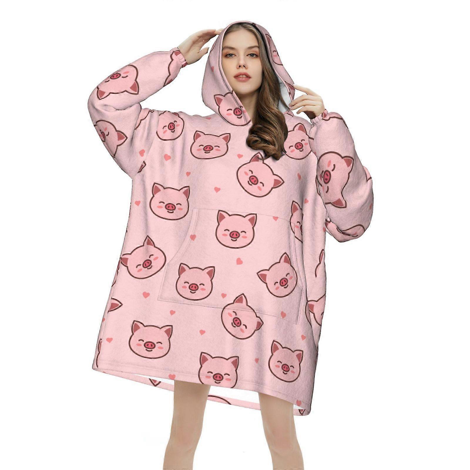 Cute Cartoon Pig Pattern Wearable Blanket Hoodie for Women Men Flannel Blankets Hooded Blanket