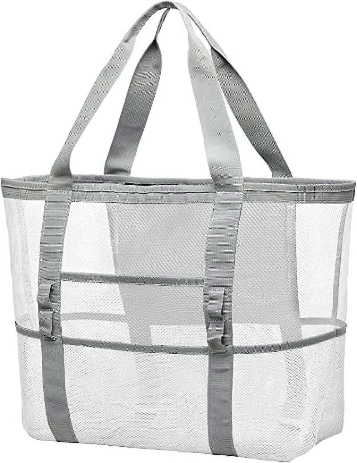 Beach Pool Bag Mesh Travel Totes, große Nylon Mesh Tasche mit 9 Taschen - Weiß