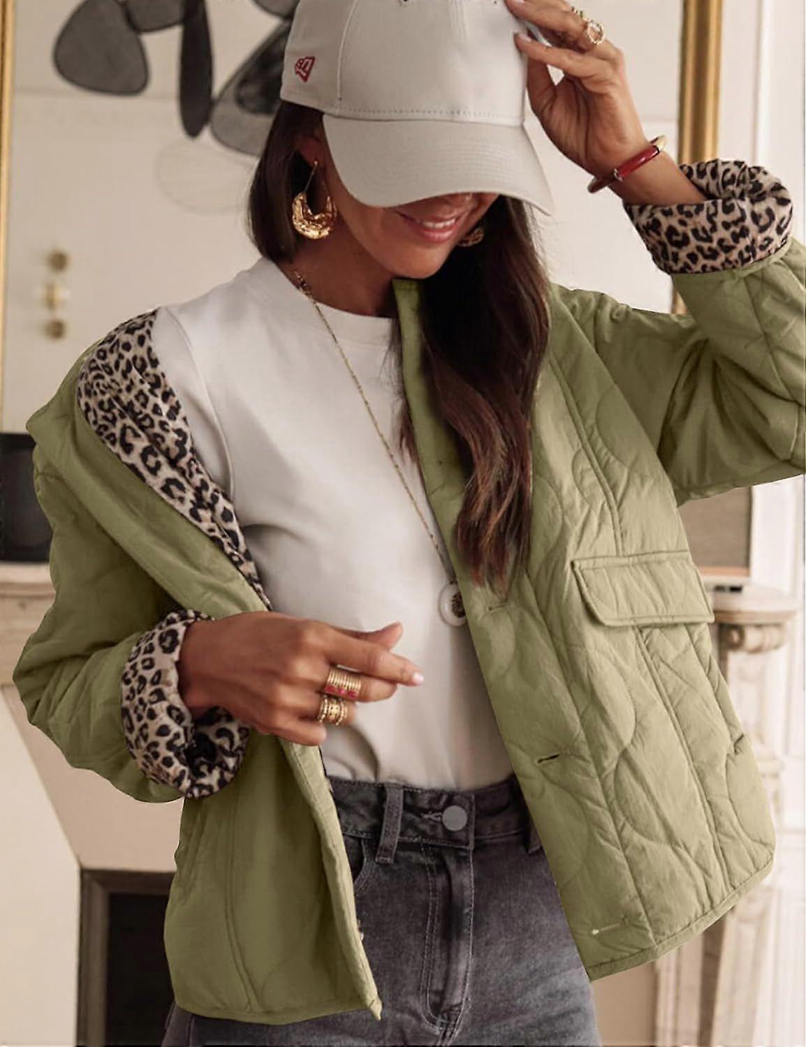 Women's Cropped Quilted Jacket Button Down Coat Leopard Lining Bomber Outerwear with Pockets