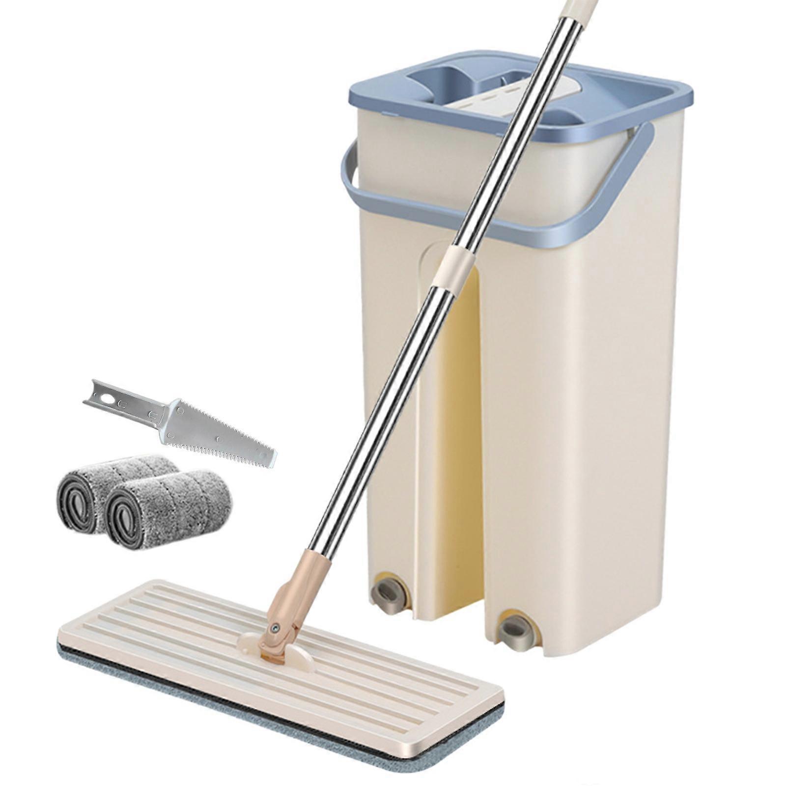 Hand- Flat Mop With 1 Bucket 2 Cloths And Squeegee Household Mop For Wet And Dry Use
