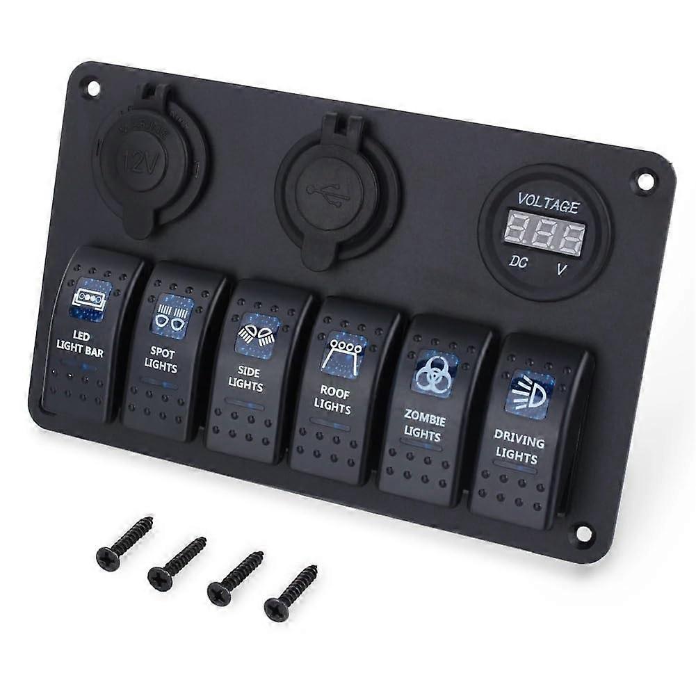24V 12V 6 Button Switch Panel 6 Way LED Car Boat Rocker Switch Panel USB Socket Cigarette Plug Voltmeter for Marine Boat Caravan