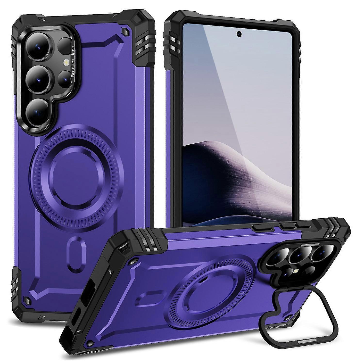サムスンギャラクシーS25ウルトラマグネティックケースレンズキックスタンドPC + TPU耐衝撃電話カバー用