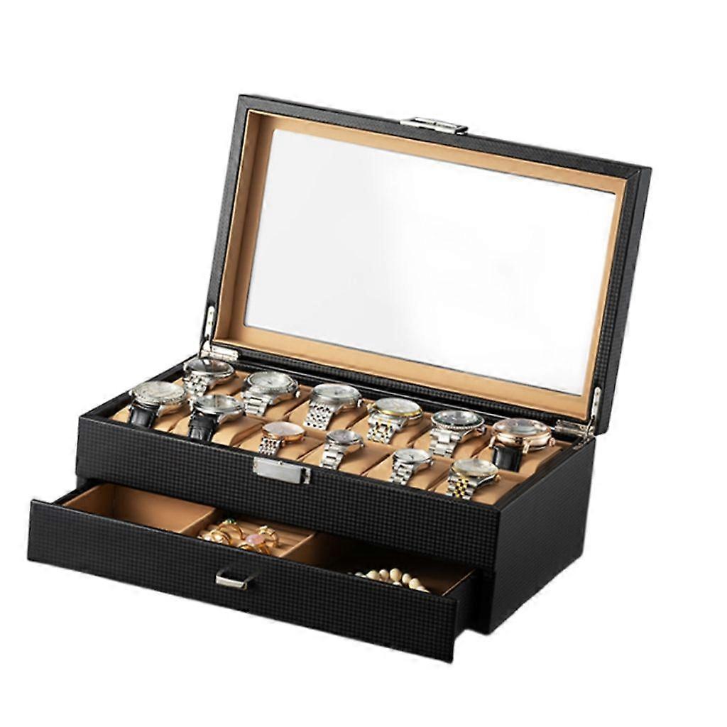 Elegant 12 Slot Watch Organizer with Drawer Double Layer Watches Storage Box