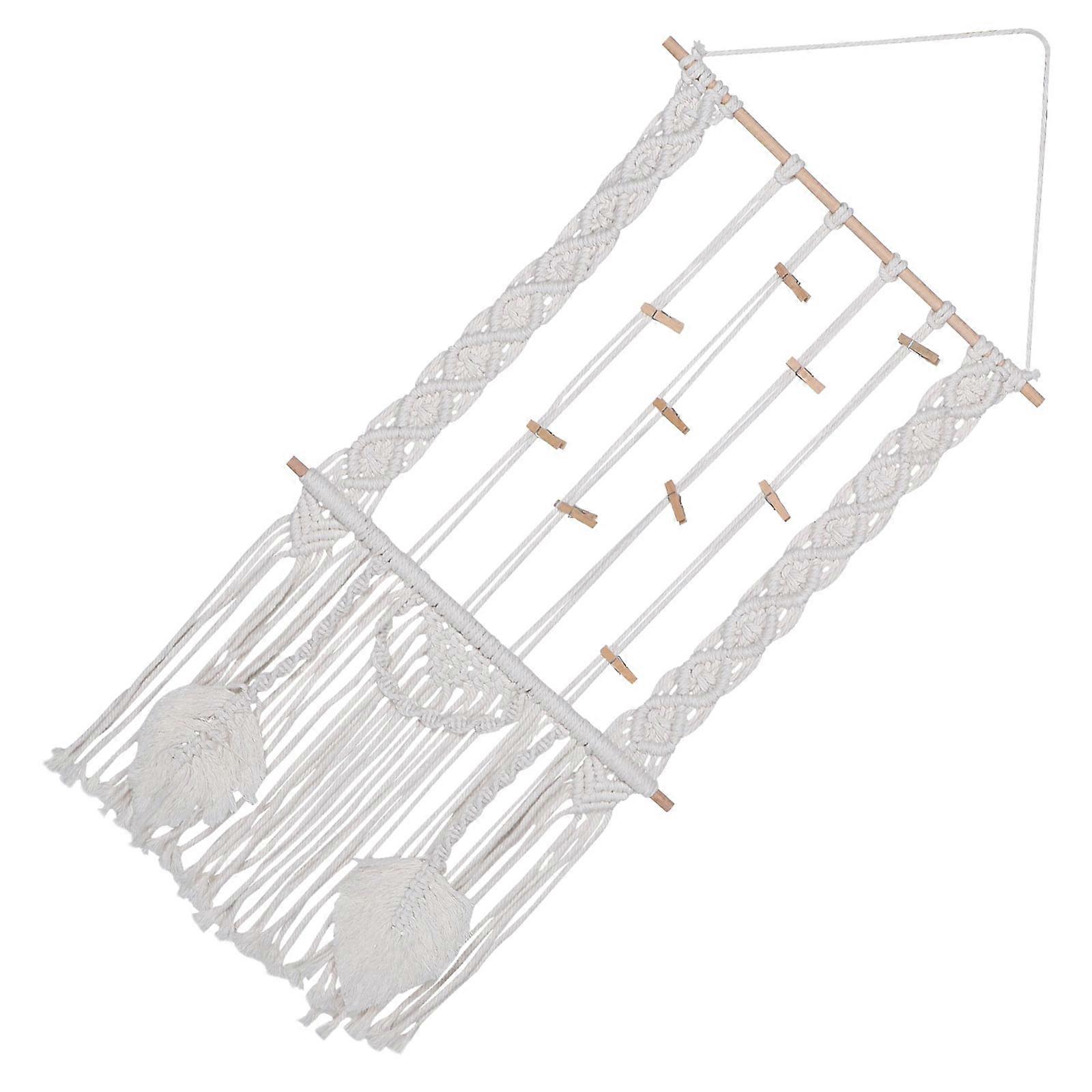 Hand-Woven Macrame Wall Hanging Tapestry Beige Rectangular Artwork Display Living Room 1Set